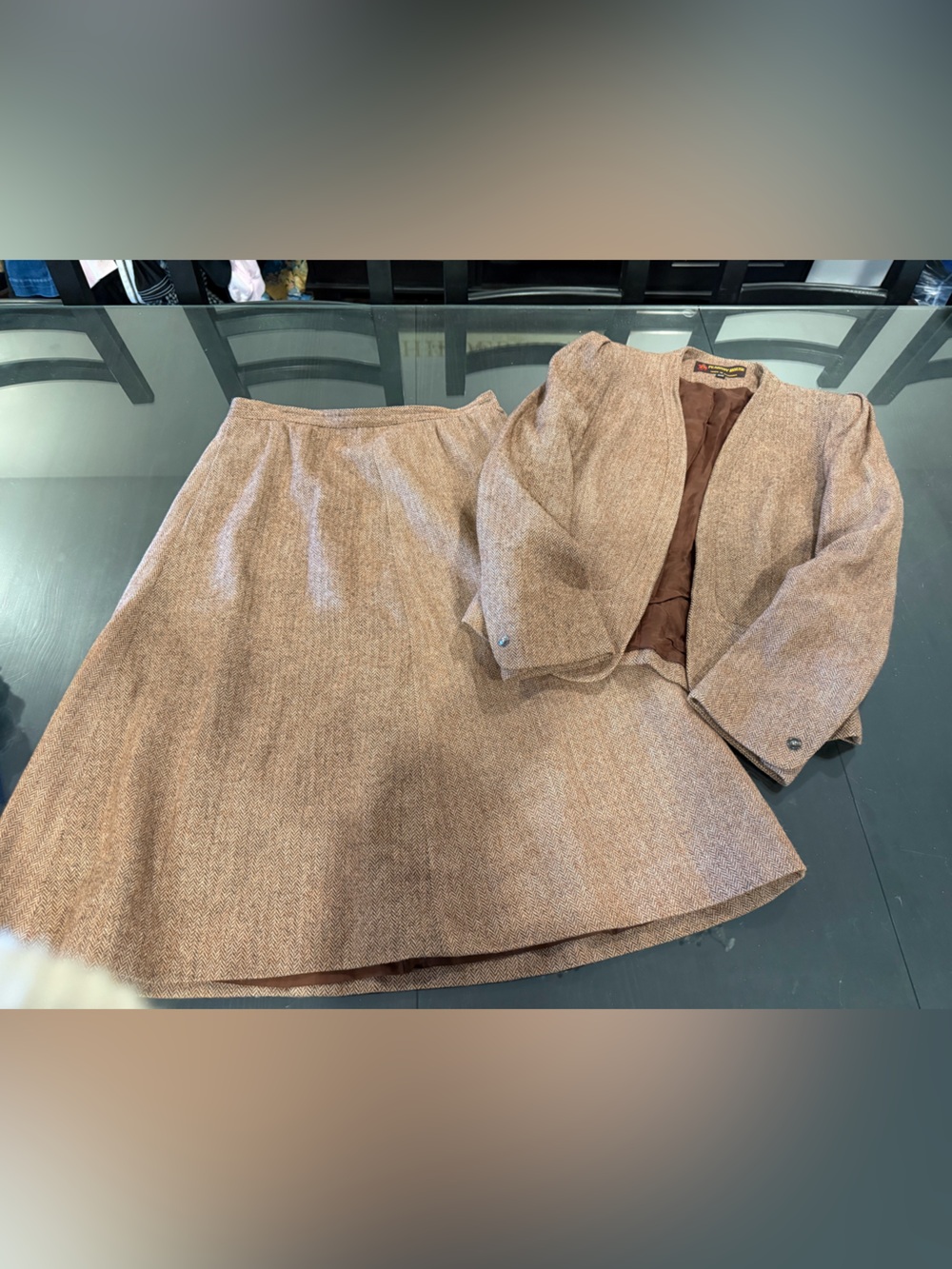 Womens Two-Piece Brown Tweed Skirt Suit